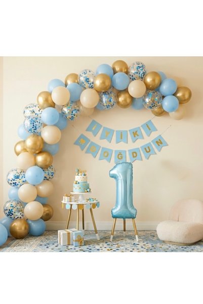 Öztürkpartievi Blue Gold 1 Year Old Birthday Balloon Decoration Set with 50 N...