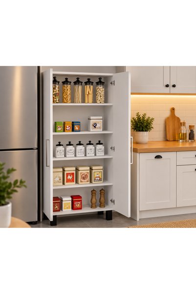 UYART HOME 2 Kapaklı Kiler Dolabı 80x35x190 cm MDF Lam, 5 Raflı Mutfak Erzak ...