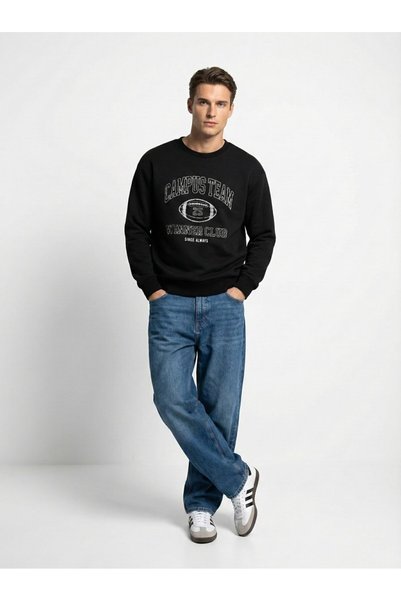 Ltb Regular Fit Print Detailed Crew Neck Black Sweatshirt