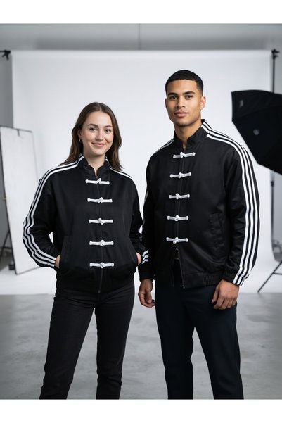 Chordi Cardigan unisex chinezesc cu nasturi, cu dungi pe mâneci și fermoar