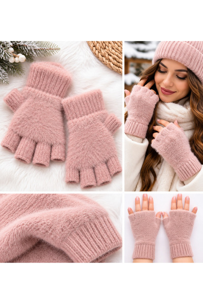 Valens Pudra Pembe Yumoş Peluş Parmaksız Eldiven – Yumuşak Dokulu Kışlık Yarı...