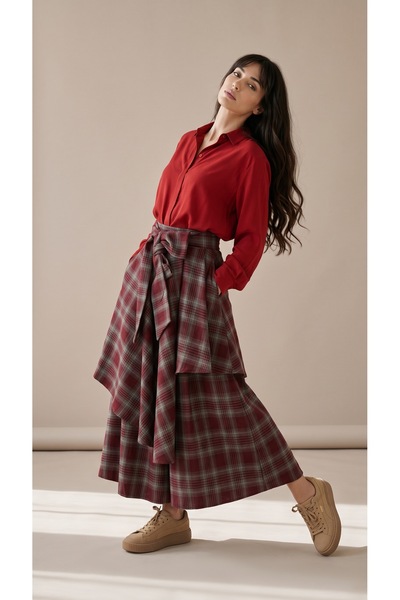Cream&Rouge EKOSELİ BAĞLAMALI BORDO GRİ KARIŞIMI RENK KLOŞ PANTOLON ETEK