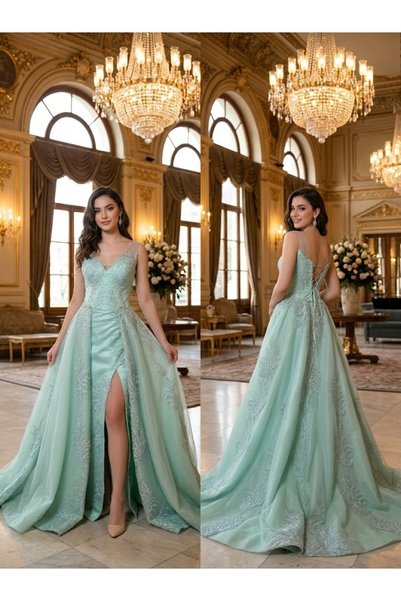 JABO WEDDİNG HOUSE ABİYE 38 BEDEN MİNT YEŞİLİ DANTEL + KUM BONCUK İŞLEME İÇİ ...