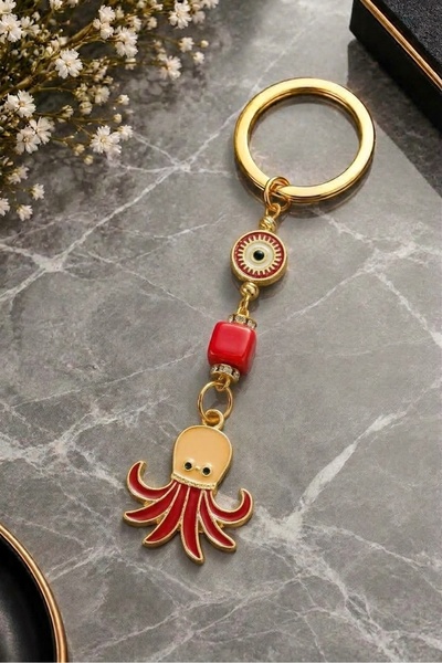 Azrua Red Octopus Metal Keychain, Luck Keychain, Metal Evil Eye Keychain Bag ...