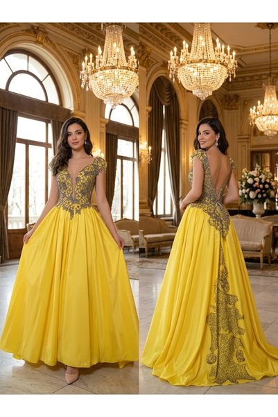 JABO WEDDİNG HOUSE ABİYE 38 BEDEN ANTRASİT TAŞ İŞLEMELİ TAFTA SARI