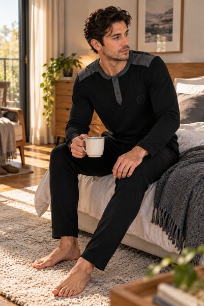 MRCANS Men's Winter Cotton Pajama Set Buttoned Collar Long Sleeve Casual Home...