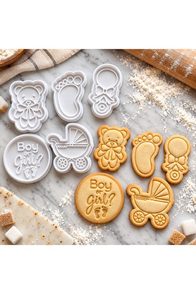 Luwin Baby Shower ve Cinsiyet Partisi 5'li Kurabiye Kalıbı Seti – Ayıcık, Bebek Ayağı, Emzik, Bebek Arabası ve Boy or Girl Desenli