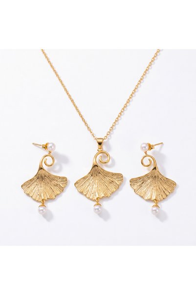 Esoo Jewelry 925 Ayar Gümüş Ginkgo Yaprağı İnci Detaylı Kolye Küpe Takımı Altın Kaplama