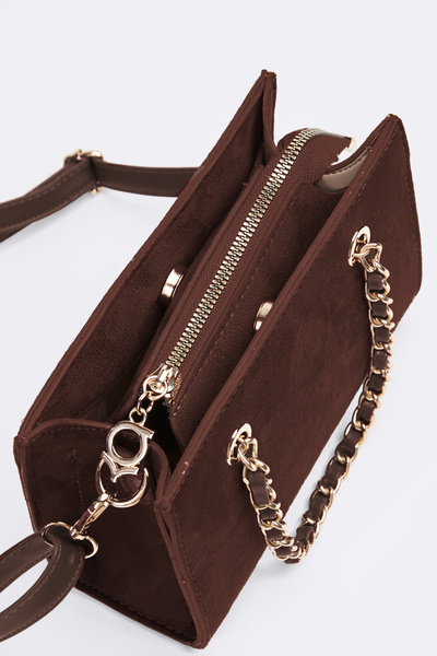 Vivaq Women's Ladin Bitter Brown Suede Chain Handle 3-Compartment Cross Strap...