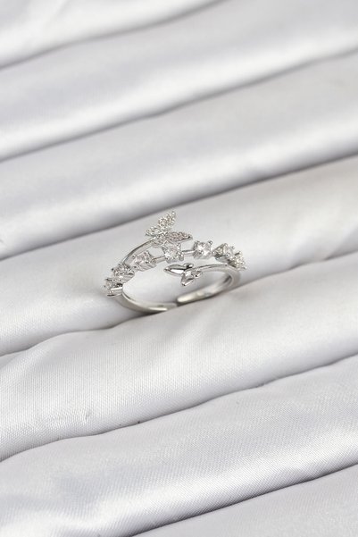 kumkumticaret Brass Silver Color Zircon Stone Butterfly Model Women's Ring