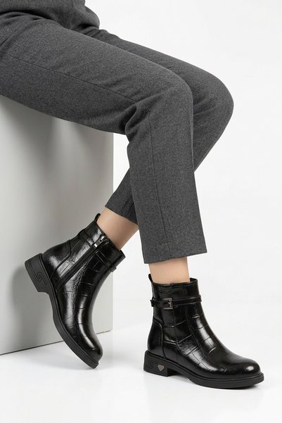Moda Pie Feran side buckle crocodile detail women's boot - black crocodile