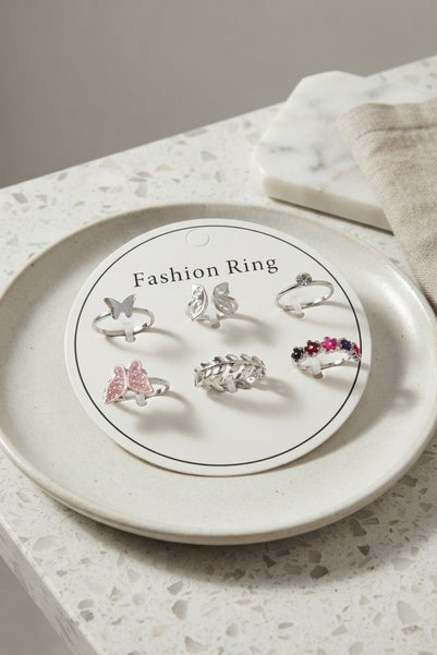 kumkumticaret Silver Color Brass Butterfly Detailed 6-Piece Ring Set Byk4312