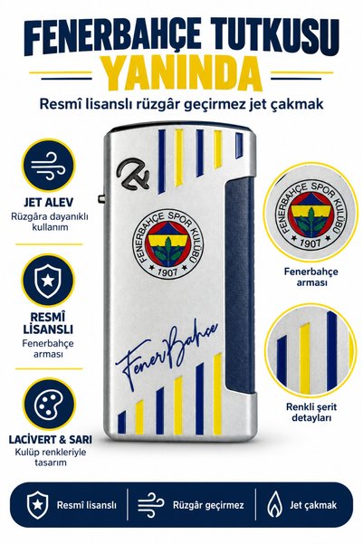 Fenerbahçe Lisanslı Jet Çakmak Metal Pürmüz Gazlı Doldurulabilir Rüzgar Geçir...