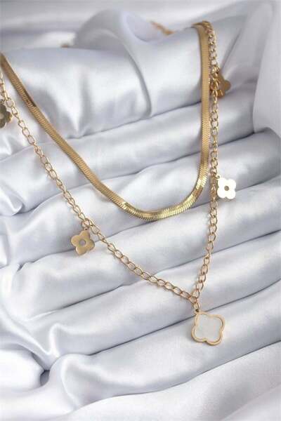 Şeker Portakalım Steel Gold Color 2-Piece Italian Chain Model White Clover Fi...