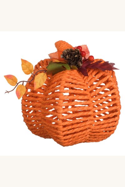 Comerivo Decoratiune toamna dovleac impletit portocaliu, 18x18x16cm, cu frunz...