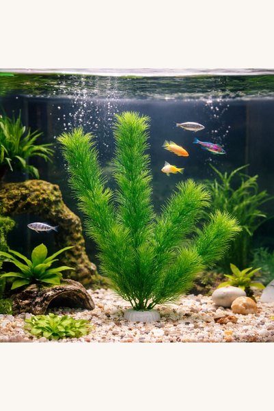 Comerivo Decoratiune planta verde acvariu, 30cm, baza ceramica