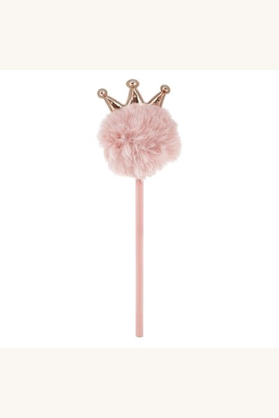 Comerivo Creion roz pufos cu pompon si coroana, 22.5 cm - accesoriu school fun