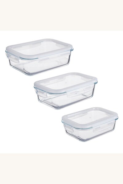 Comerivo Recipiente dreptunghiulare transparente cu capace albe, set 3 bucati...