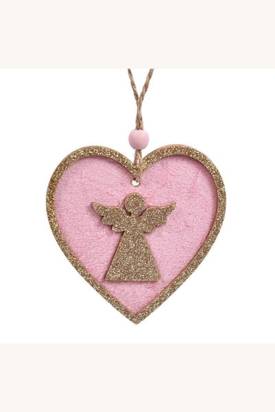 Comerivo Inima decorativa pentru brad, lemn roz catifelat cu glitter sampanie...