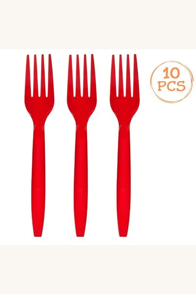Comerivo Set 10 Furculite Rosii din Plastic pentru Petreceri - 15,8cm