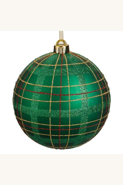 Comerivo Ornament Craciun glob verde mat 15cm cu carouri rosii si sclipici auriu