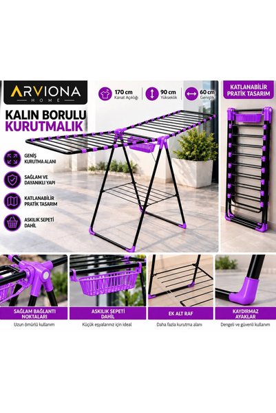 ARVIONA HOME 170 cm Kalın Borulu Katlanabilir Metal Çamaşır Kurutmalığı – 8 B...