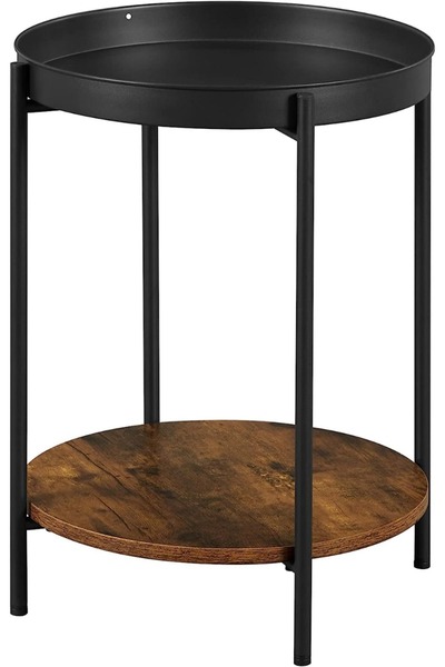 Mkats VASAGLE 2-Tier Side Table, Movable Tray, Steel Frame, Rustic Brown & Bl...