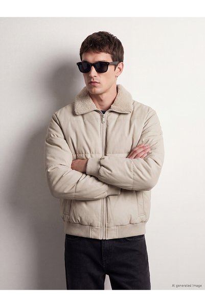 LC Waikiki Lcw Vision Beige Fur-Collar Men's Puffer Jacket with Nevavm Distin...