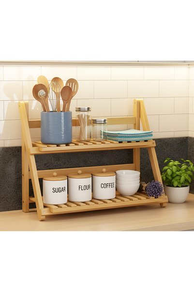 KMARKA 2-Tier Bamboo Shelf, Desktop Organizer, Kitchen Countertop Storage & B...