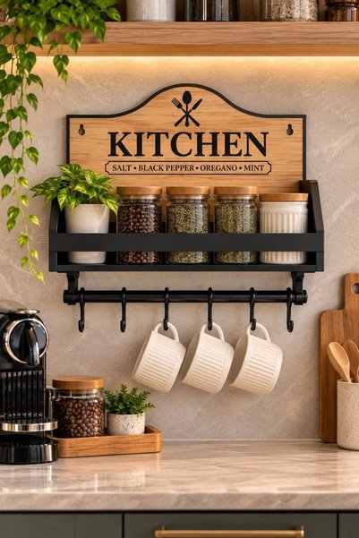 KMARKA Wooden Adhesive Rack for Coffee Cups and Spoons, All-In-One Organizer