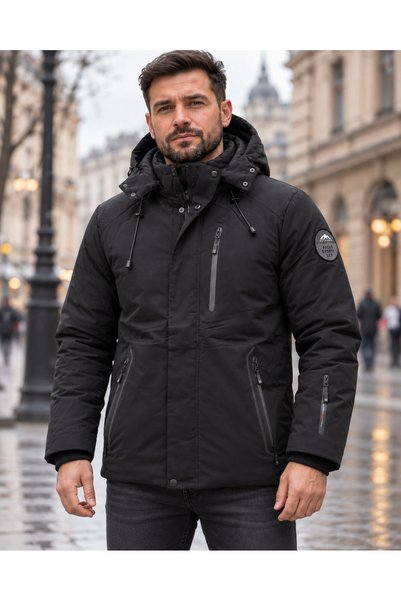 embody Geacă de iarnă groasă neagră pentru bărbați, cu glugă și buzunare cu f...