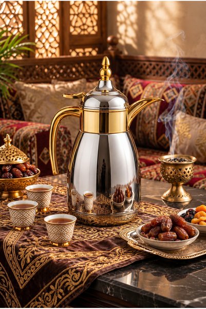 Nimet ترموس فاخر للقهوة والشاي على الطراز السعودي 0.7 لتر - ذهبي وفضي |   مثا...