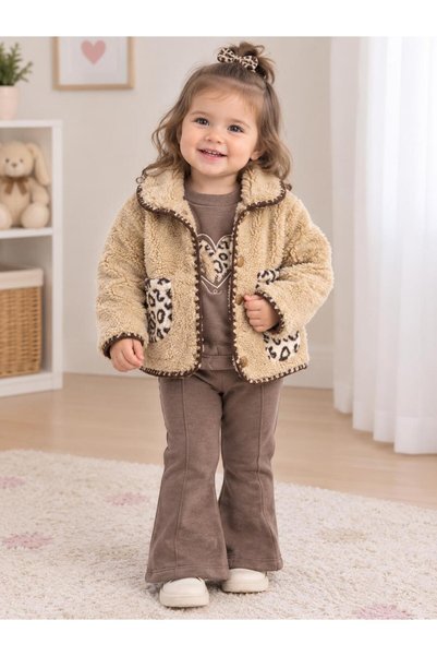Hippıl Baby leopar desenli peluş ceketli kız bebek üçlü takım