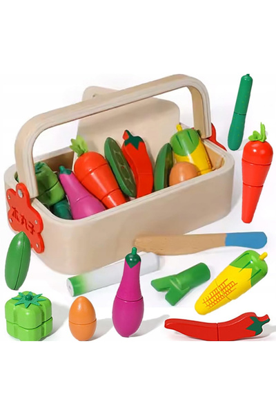 ETOY Set Cutie de tip Cos cu Tocator si Legume, cu stickere, din Lemn
