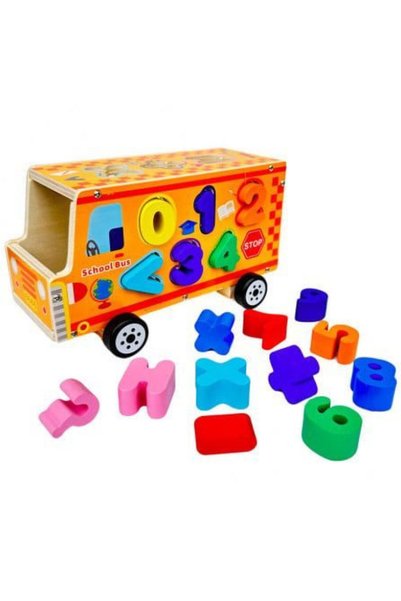 ETOY Jucarie Educativa Montessori din lemn, Autobuz scolar cu Sortator de Cif...