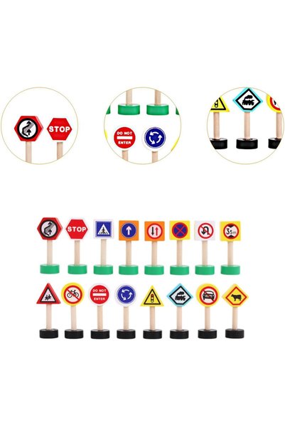 ETOY Set 16 piese indicatoare rutiere din lemn, Multicolor