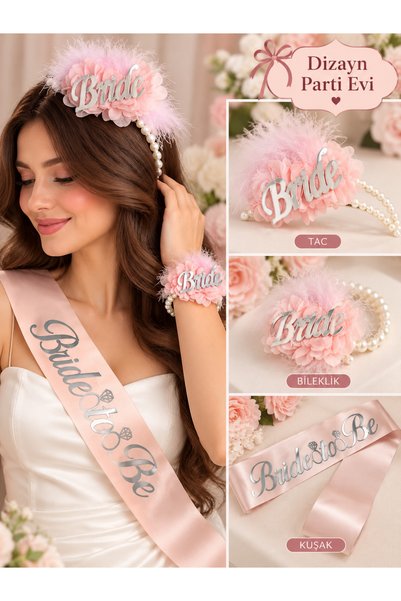 Dizayn Parti Evi Bride To Be Tüylü Çiçekli İnci Detaylı Taç Bileklik ve Kuşak...