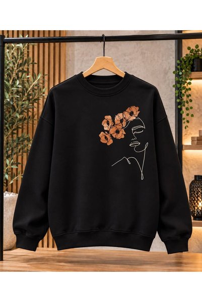caddekombin Women's Minimal Drawing/Floral Detailed Oversize Sweatshirt - Cre...