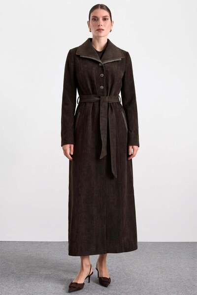 Olcay Soft Touch Large Size Overcoat with Handkerchief Collar Embroidery Deta...