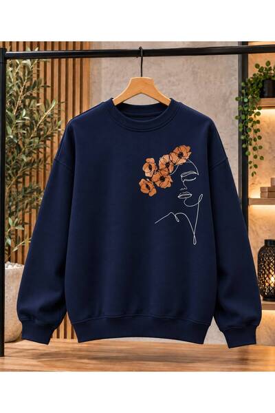 caddekombin Women's Minimal Drawing/Floral Detailed Oversize Sweatshirt - Cre...
