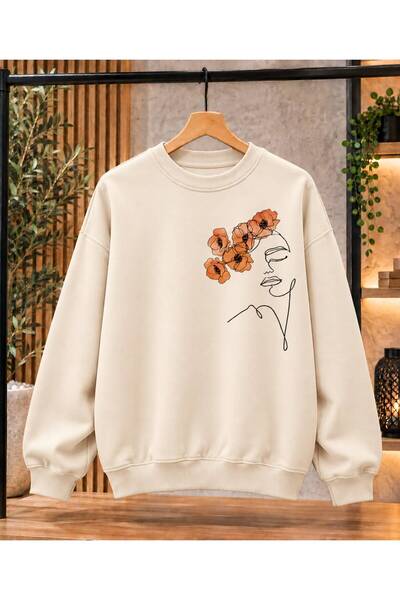 caddekombin Women's Minimal Drawing/Floral Detailed Oversize Sweatshirt - Cre...