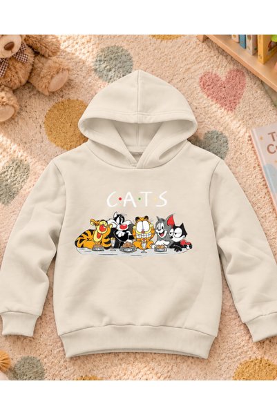 Toum Cat's Cartoon Printed Hooded Unisex Kids Sweatshirt