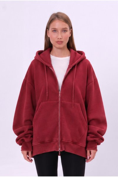 COTTONLAB Hanorac oversize cu glugă și fermoar, culoare burgundy