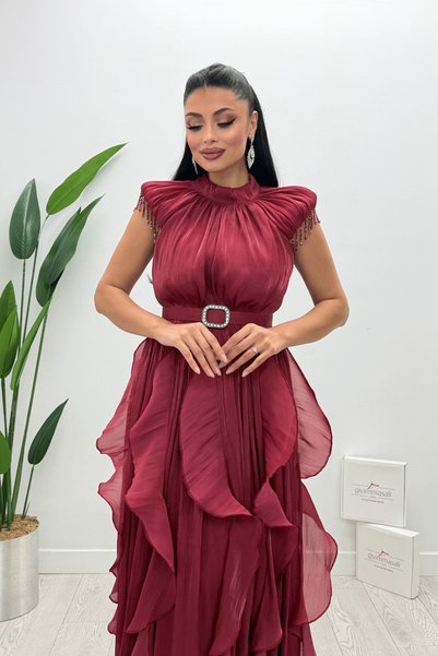 giyimmasalı Şifon Kumaş Volan Detaylı Elbise - BORDO