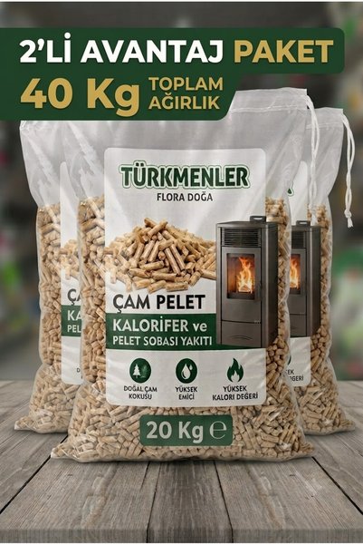 Türkmenler Flora Doğa Çam Pelet Sobası Yakıtı Doğal Yüksek Kalorili 2li Paket 20+20 KG 6mm