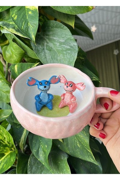 visera Stitch & Angel Figürlü El Yapımı Seramik Kupa (Pembe)