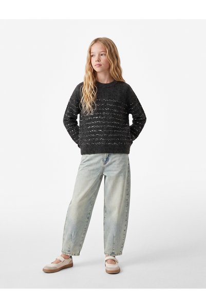 Koton Sequined Long Sleeve Crew Neck Striped Knit Sweater