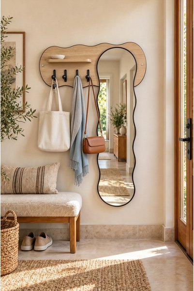 Generic Brand Wall-Mounted Full-Length Mirror (with Clothes Rail, 4 Hooks, an...