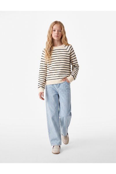 Koton Long Sleeve Crew Neck Sequined Striped Knit Sweater