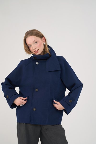 MAI STUDIOS CO. Almond Buttoned Navy Blue Oversized Jacket